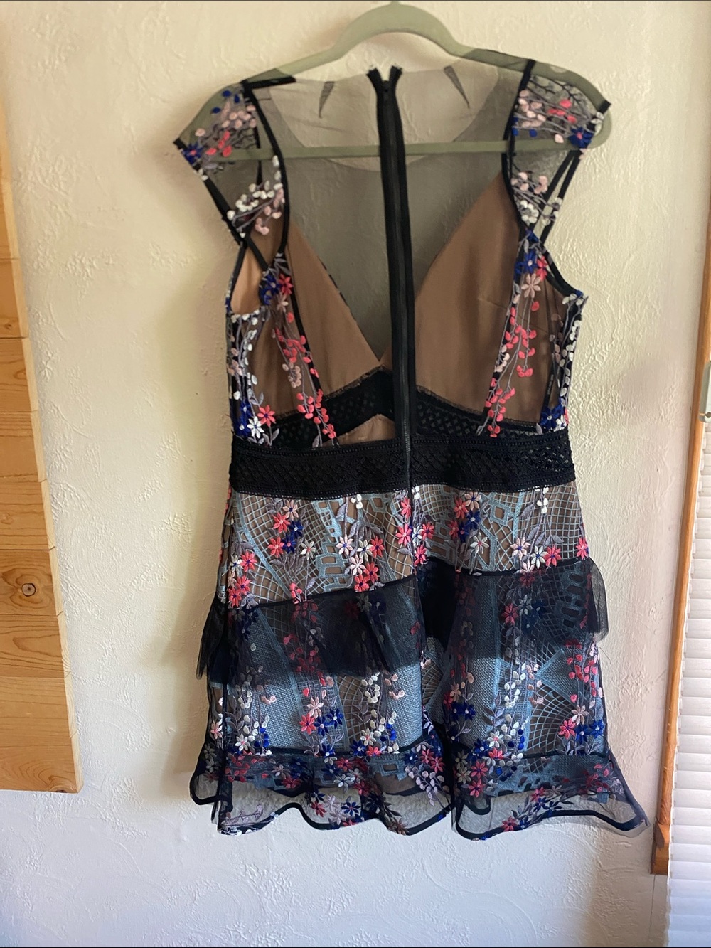 Self-Portrait Black Mesh Mini Dress with Multicolor Floral Embroidery - Picture 2 of 3